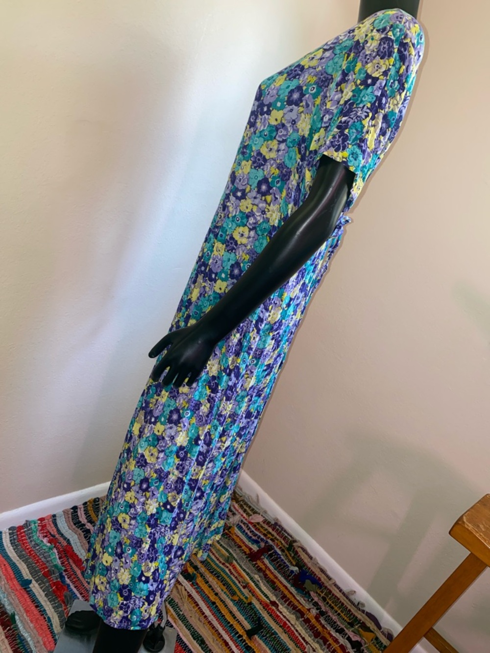 Vintage Floral Button-Front Midi Dress Tie Back Strings in Teal & Purple - Picture 4 of 11